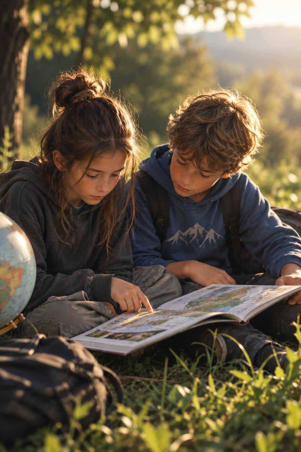 Zwei Kinder betrachten draußen im Sonnenlicht gemeinsam einen Atlas neben einem Globus